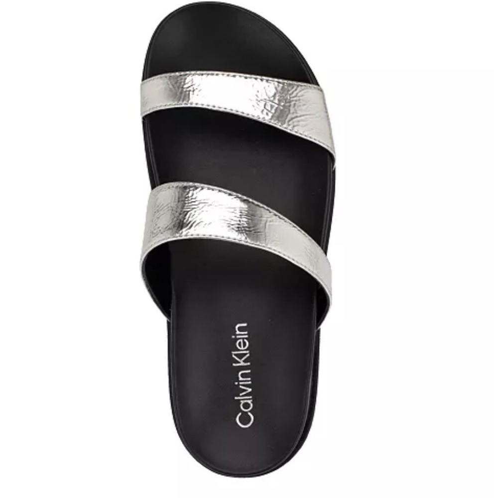 Calvin Klein Silver and Black Double Strap Slide Sandals - Picture 3 of 10